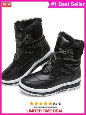 Faux Leather Fur Lined Mid-Calf Combat Boots Waterproof Snow Boots Lace Up